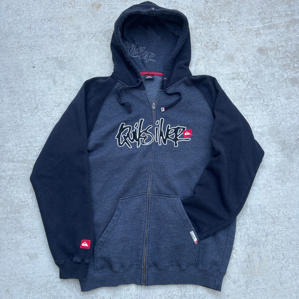 Quiksilver Zip Up Hoodie Medium Grey Black Y2K Skater Streetwear Archive Grunge